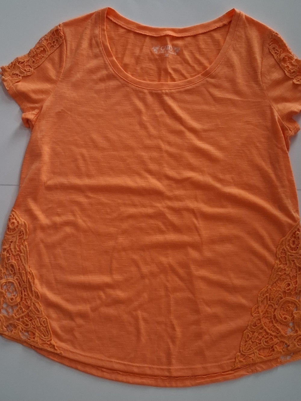 Cato Bright Orange Scoop Neck Top with Lace Insets